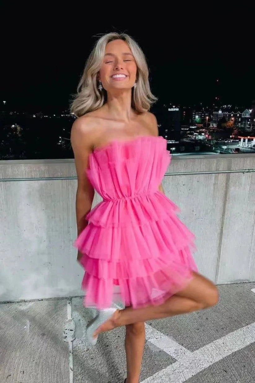 Vibrant Hot Pink Strapless A Line Short Homecoming Dress With Tiered Tulle Skirt AS726