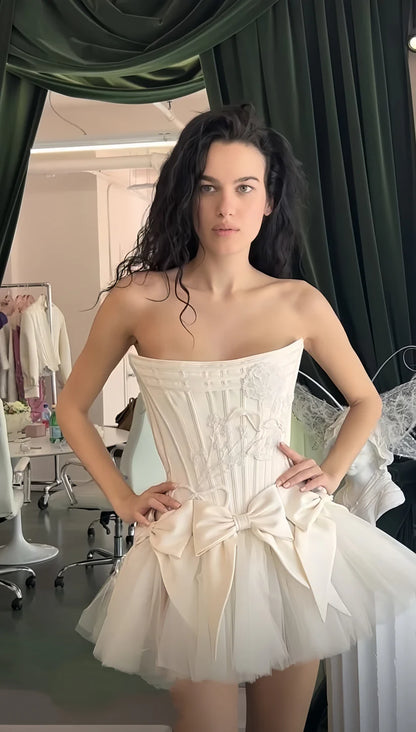 Opulent Ivory Strapless Corset Mini A Line Homecoming Dress With Satin Bow Tulle Skirt AS727