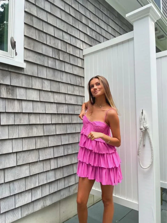 Vibrant Hot Pink Spaghetti Straps A Line Homecoming Dress With Tiered Ruffle Skirt AS728