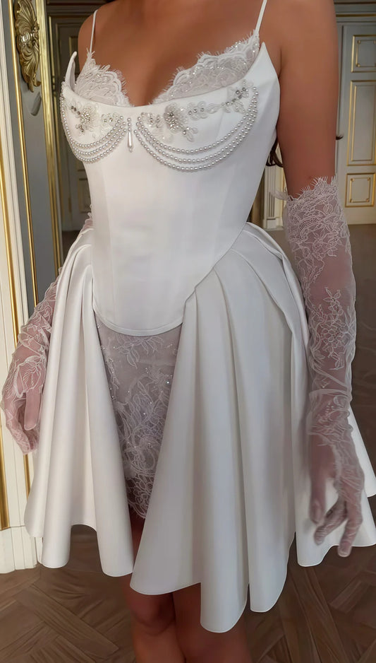 Opulent White Spaghetti Straps Satin Corset Short A Line Homecoming Dress With Lace Trim & Pearl AS729