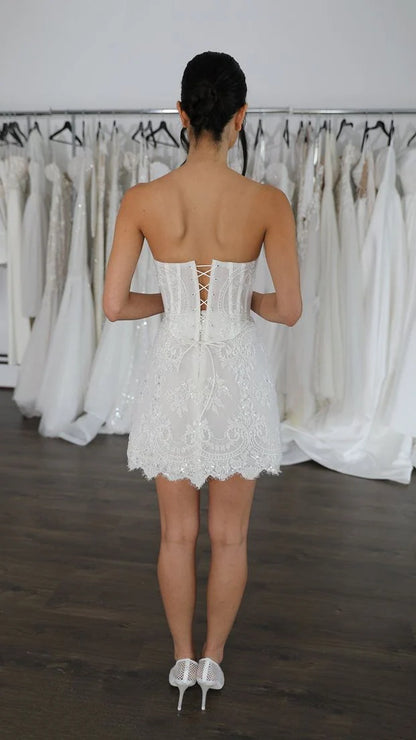 Opulent White Strapless Corset Bodycon Short Homecoming Dress With Beaded Lace Applique AS730