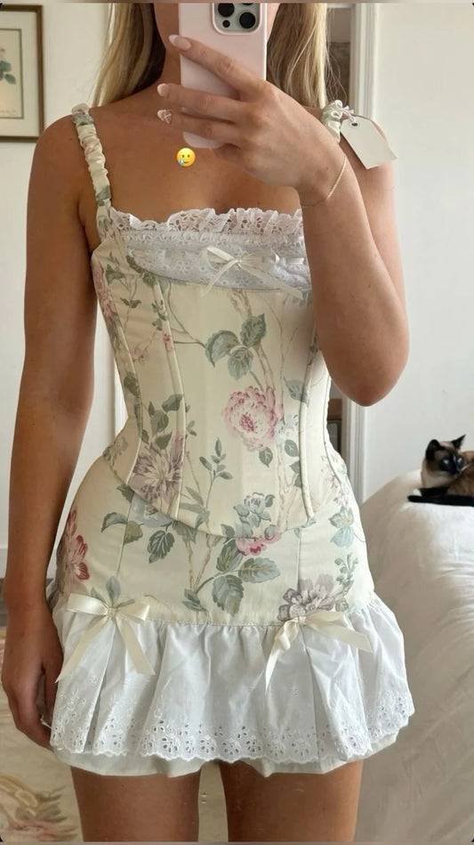 Delicate Floral Straps Corset Bodycon Mini Homecoming Dress With Lace Trim And Bow AS732