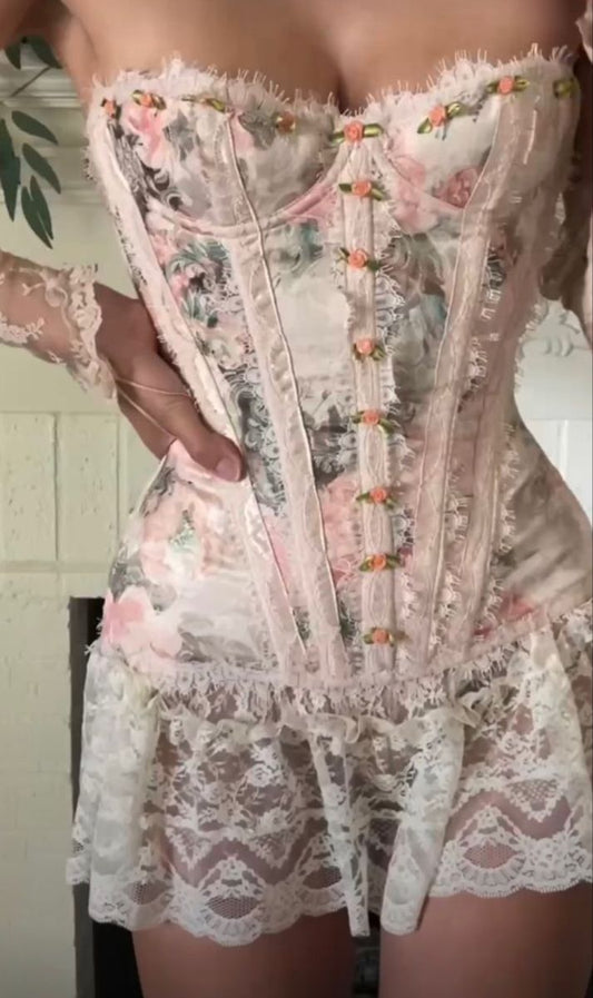 Regal Pink Floral Sweatheart Corset Mini Bodycon Homecoming Dress With Lace Trim AS733