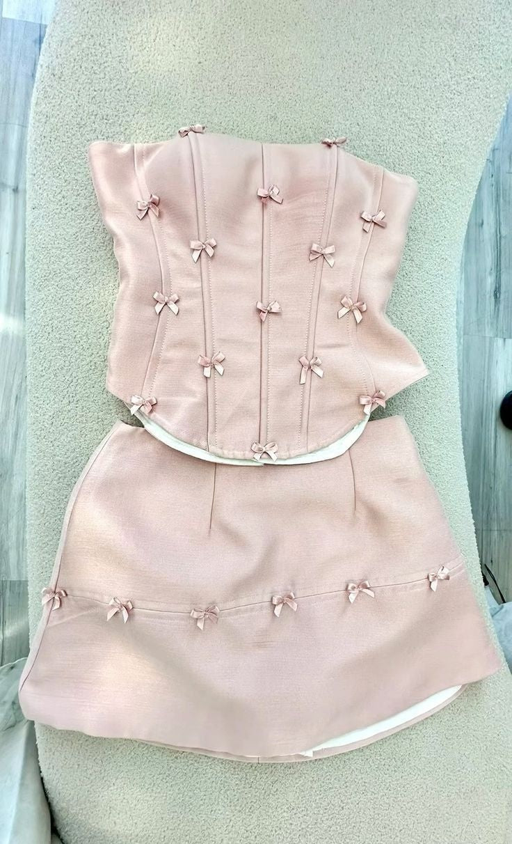 Elegant Light Pink Strapless Two-Piece A Line Short Homecoming Dress With Bow Appliques AS734