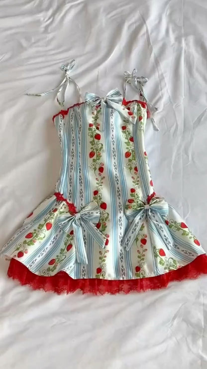 Playful Strawberry Print Spaghetti Straps Short A Line Homecoming Dress With Bow Details & Red Lace Trim AS736