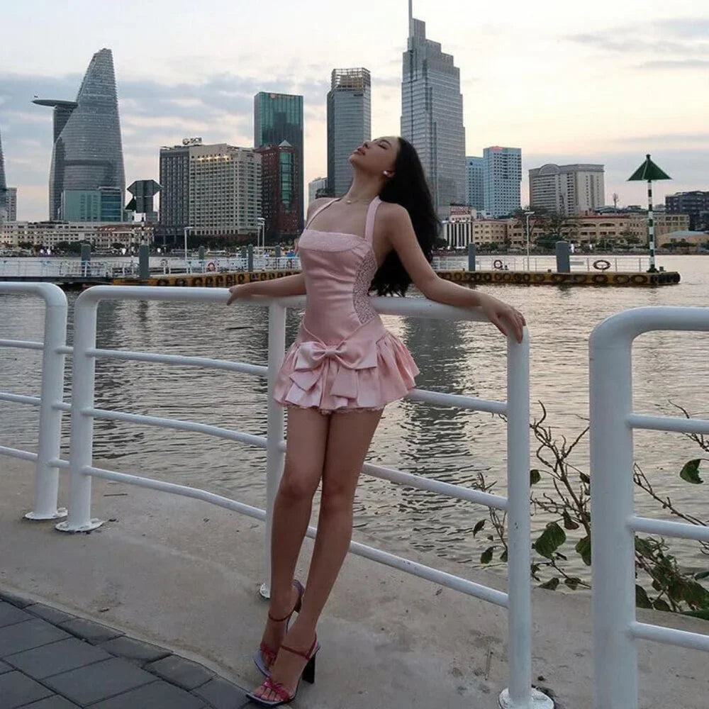 Playful Pink Halter A Line Mini Homecoming Dress With Satin Fabric, Lace Trim & Bow Detail AS738