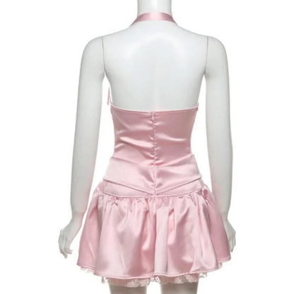 Playful Pink Halter A Line Mini Homecoming Dress With Satin Fabric, Lace Trim & Bow Detail AS738