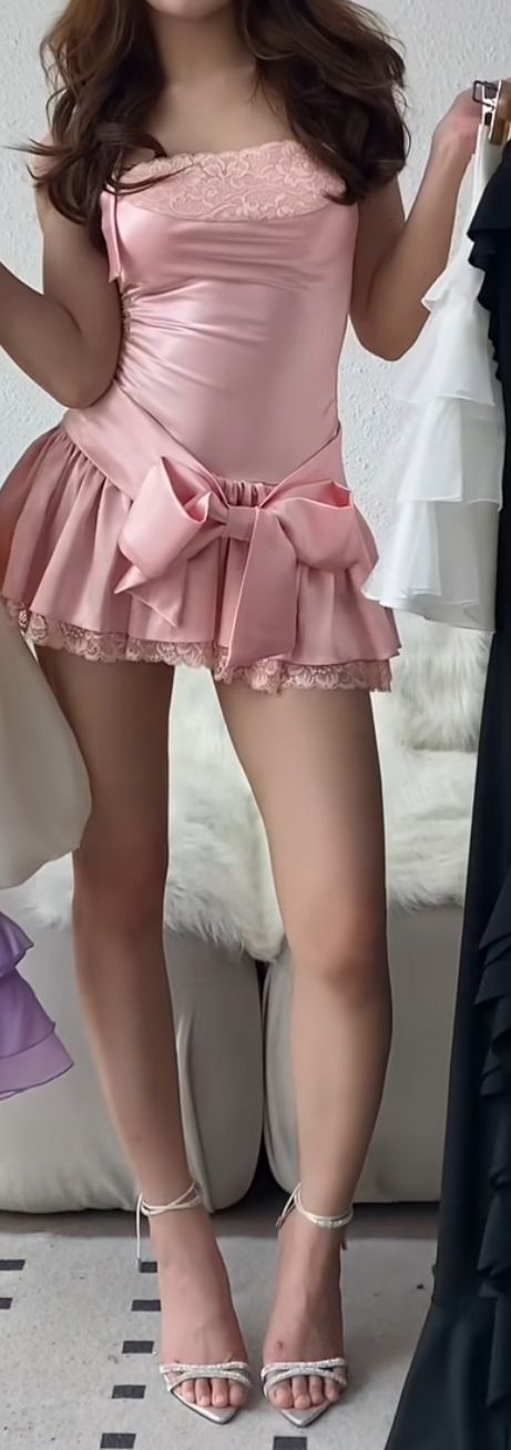 Playful Pink Halter A Line Mini Homecoming Dress With Satin Fabric, Lace Trim & Bow Detail AS738