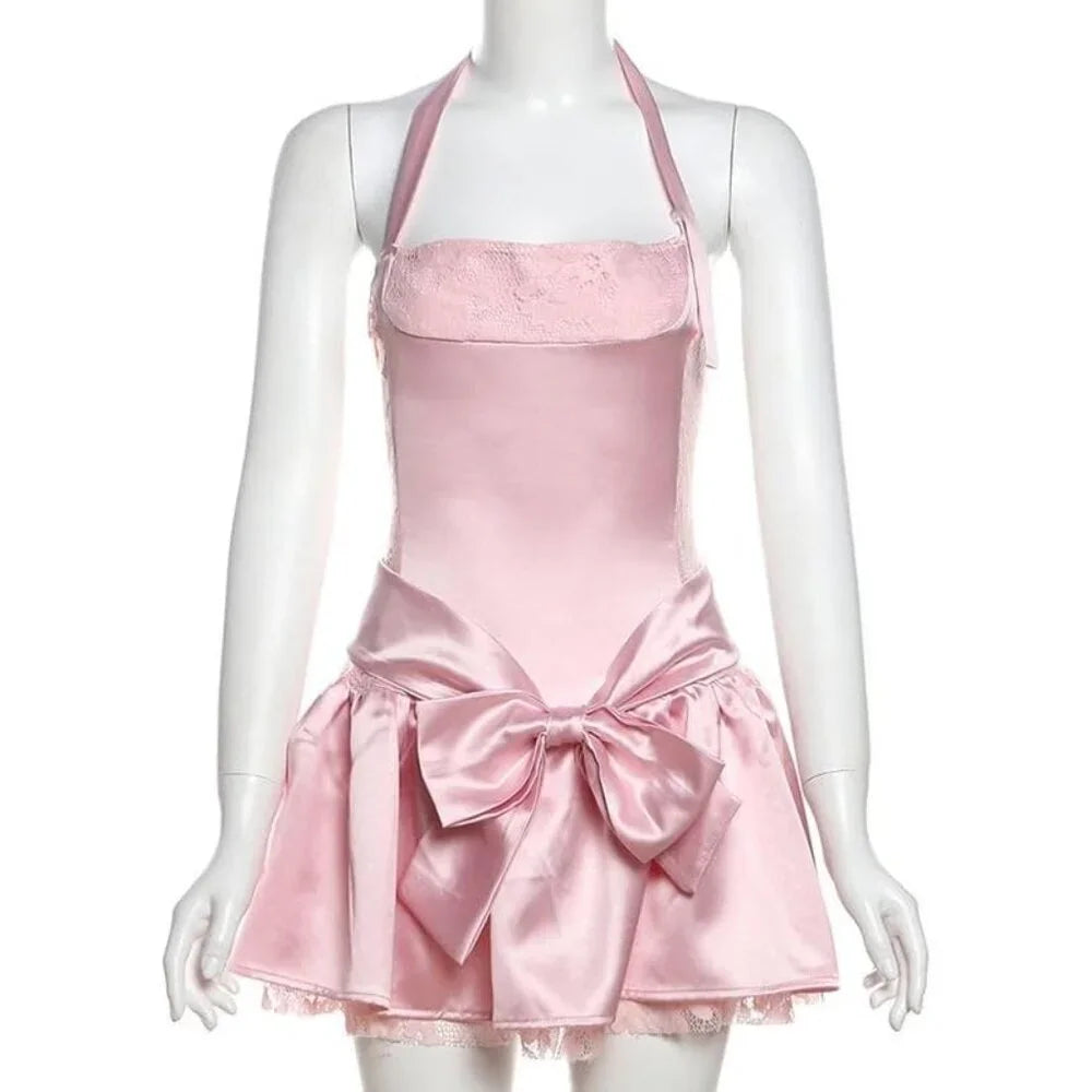 Playful Pink Halter A Line Mini Homecoming Dress With Satin Fabric, Lace Trim & Bow Detail AS738