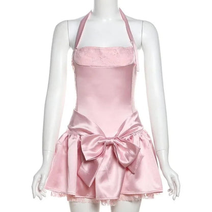 Playful Pink Halter A Line Mini Homecoming Dress With Satin Fabric, Lace Trim & Bow Detail AS738