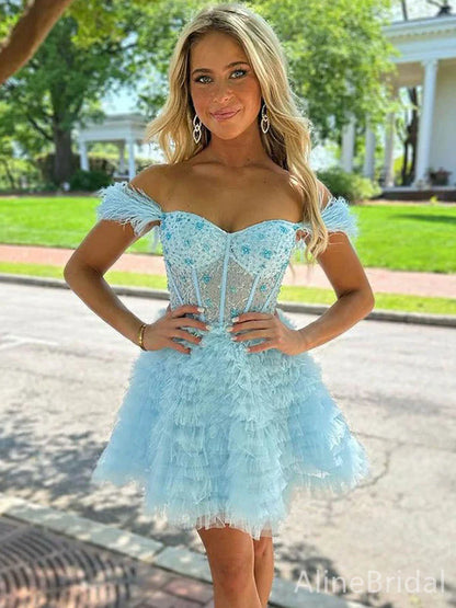 Delicate Light Blue Beaded Corset Bodice Off-The-Shoulder A Line Short Homecoming Dress With Ruffled Tulle Skirt AS740