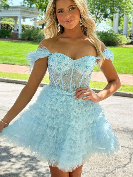Delicate Light Blue Beaded Corset Bodice Off-The-Shoulder A Line Short Homecoming Dress With Ruffled Tulle Skirt AS740