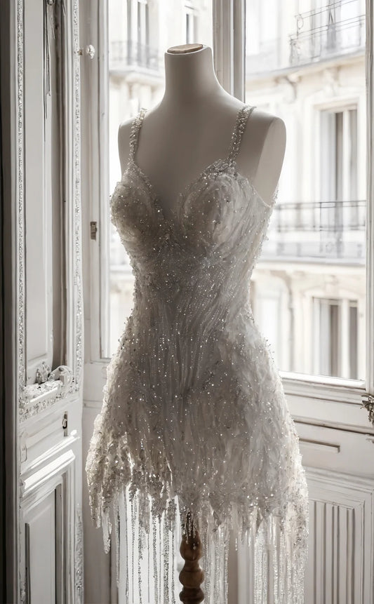 Glamorous Ivory Beaded Spaghetti Straps Short Bodycon Homecoming Dress With Crystal Fringe Hem AS742