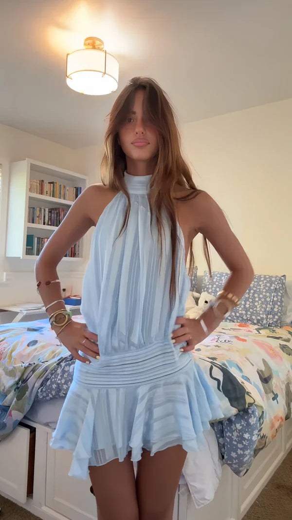 Playful Light Blue Chiffon Halter A-Line Short Homecoming Dress AS744