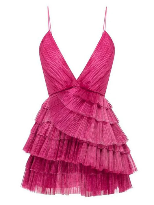 Vibrant Fuchsia Deep V-Neck Pleated A Line Short Homecoming Dress With Tiered Skirt AS745