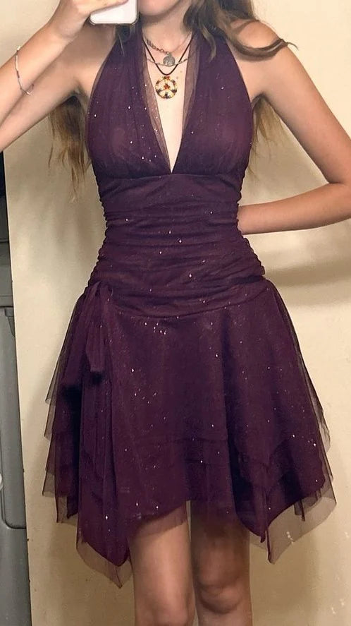 Vintage Plum Glitter A-Line Short Homecoming Dress With Halter Neck & Tiered Tulle Skirt AS746