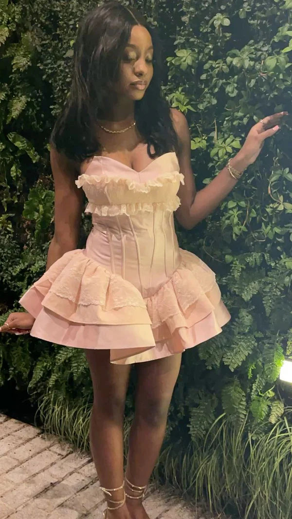 Glamorous Pink Sweetheart Corset A Line Mini Homecoming Dress With Tiered Skirt AS747