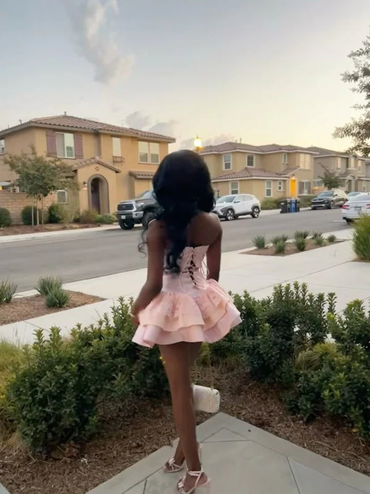 Glamorous Pink Sweetheart Corset A Line Mini Homecoming Dress With Tiered Skirt AS747