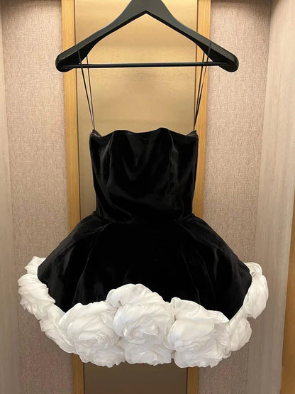 Elegant Black Velvet Spaghetti Straps A Line Short Homecoming Dress With White 3D Floral Trim AS748
