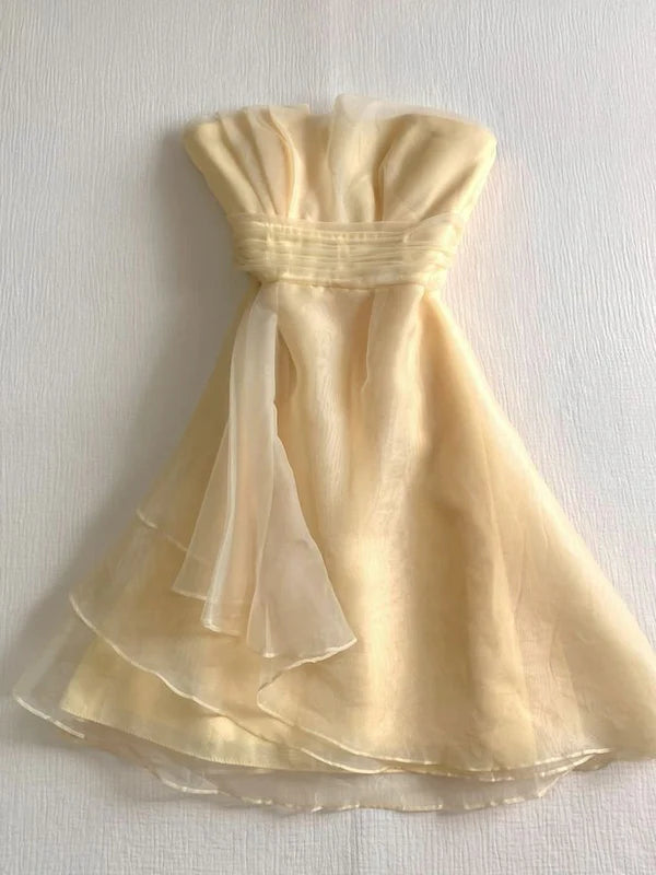 Whimsical Light Yellow Strapless Organza Short A Line Homecoming Dress AS750