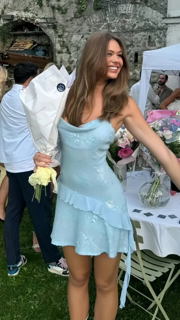 Playful Light Blue Spaghetti Straps Sequin Short Bodycon Homecoming Dress With Cowl Neck And Ruffled Detail AS751