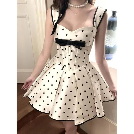 Sweet Wide Straps White Base Black Polka Dot Corset Mini A Line Homecoming Dress With Bow AS753