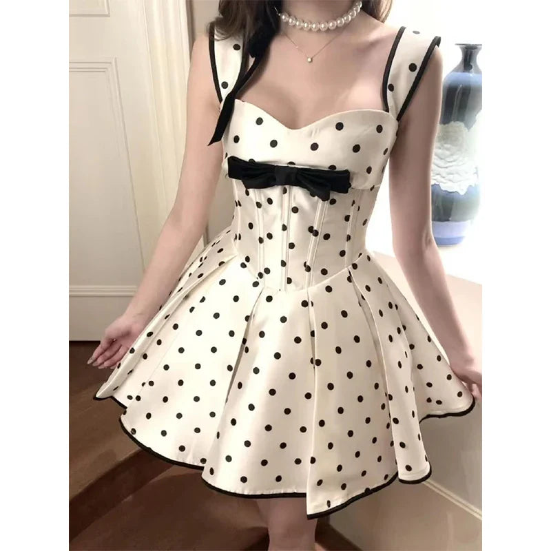 Sweet Wide Straps White Base Black Polka Dot Corset Mini A Line Homecoming Dress With Bow AS753