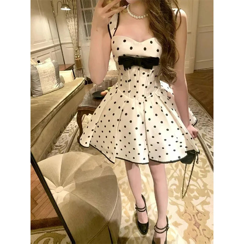 Sweet Wide Straps White Base Black Polka Dot Corset Mini A Line Homecoming Dress With Bow AS753