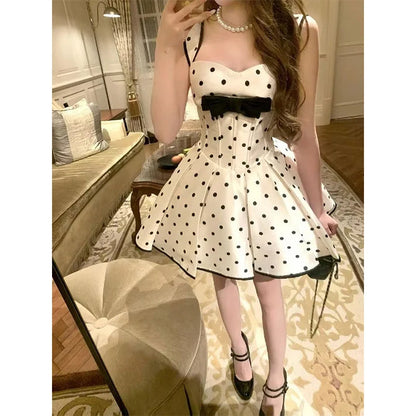 Sweet Wide Straps White Base Black Polka Dot Corset Mini A Line Homecoming Dress With Bow AS753