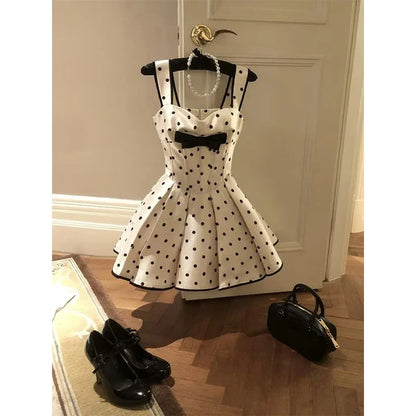 Sweet Wide Straps White Base Black Polka Dot Corset Mini A Line Homecoming Dress With Bow AS753