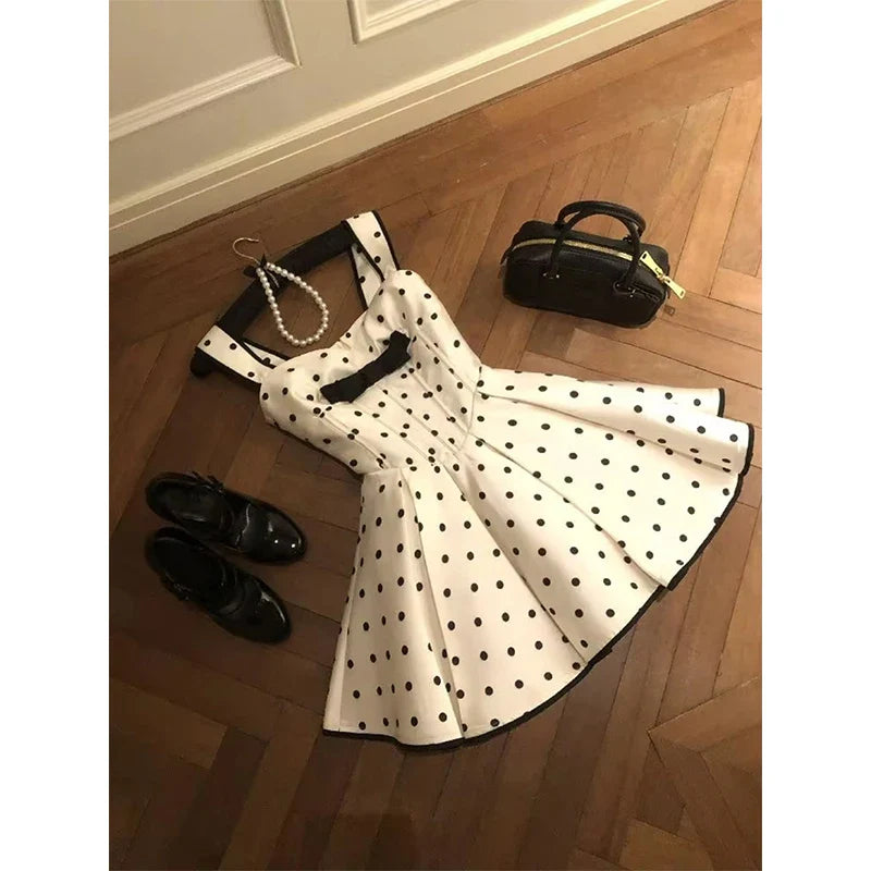 Sweet Wide Straps White Base Black Polka Dot Corset Mini A Line Homecoming Dress With Bow AS753