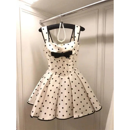 Sweet Wide Straps White Base Black Polka Dot Corset Mini A Line Homecoming Dress With Bow AS753