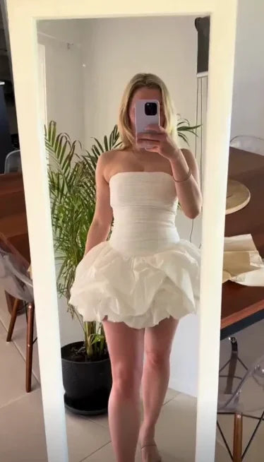 Chic White Strapless Ruched Bodice White Bubble Hem Mini A Line Homecoming Dress AS755