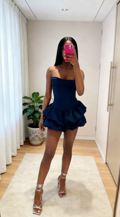 Elegant Navy Strapless Runched Bodice Ruffled Bubble Hem A Line Mini Homecoming Dress AS757
