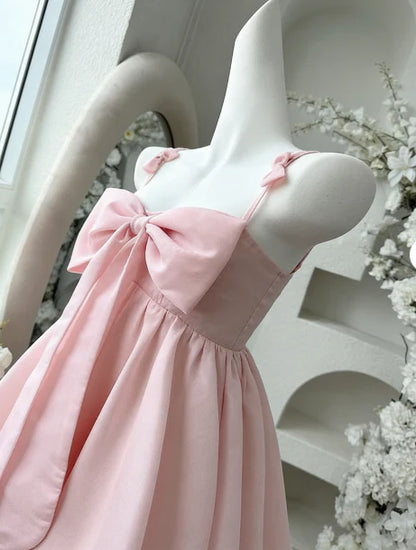Sweet Pink Big Front Bow Satin Spaghetti Straps Mini A Line Homecoming Dress AS758