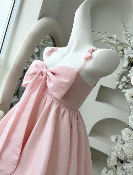Sweet Pink Big Front Bow Satin Spaghetti Straps Mini A Line Homecoming Dress AS758