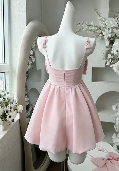 Sweet Pink Big Front Bow Satin Spaghetti Straps Mini A Line Homecoming Dress AS758