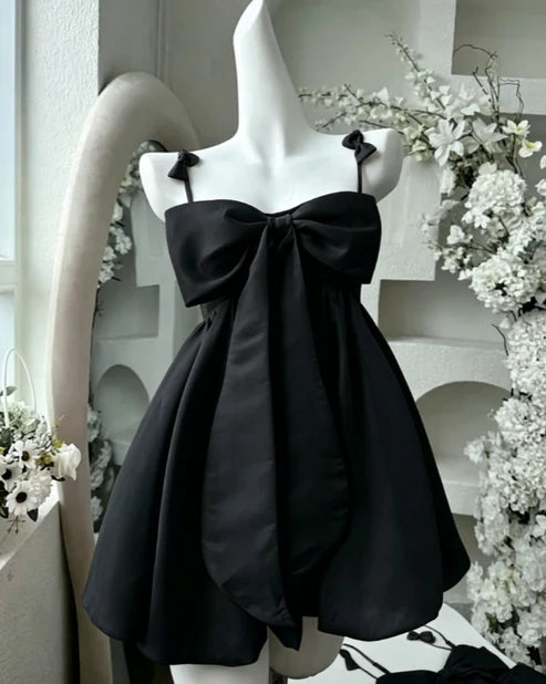 Sweet Pink Big Front Bow Satin Spaghetti Straps Mini A Line Homecoming Dress AS758