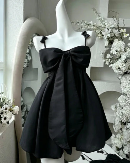 Sweet Pink Big Front Bow Satin Spaghetti Straps Mini A Line Homecoming Dress AS758