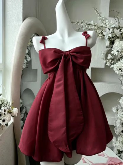 Sweet Pink Big Front Bow Satin Spaghetti Straps Mini A Line Homecoming Dress AS758