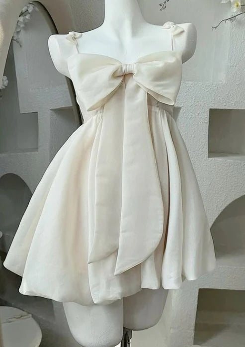 Sweet Pink Big Front Bow Satin Spaghetti Straps Mini A Line Homecoming Dress AS758