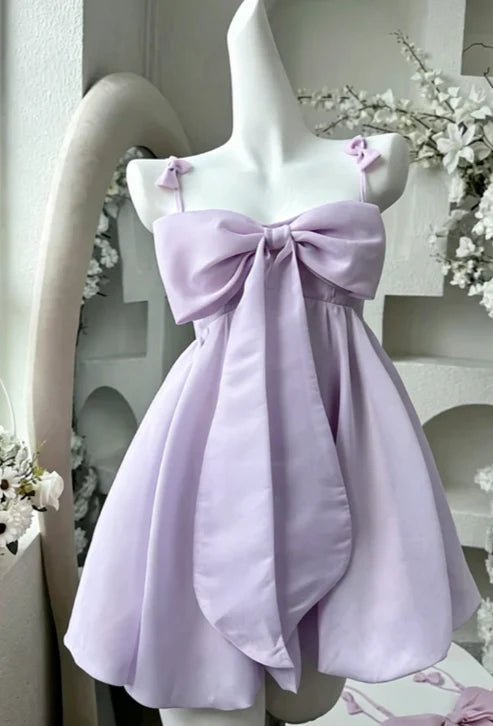Sweet Pink Big Front Bow Satin Spaghetti Straps Mini A Line Homecoming Dress AS758