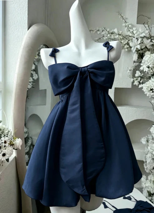 Sweet Pink Big Front Bow Satin Spaghetti Straps Mini A Line Homecoming Dress AS758