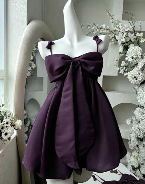 Sweet Pink Big Front Bow Satin Spaghetti Straps Mini A Line Homecoming Dress AS758