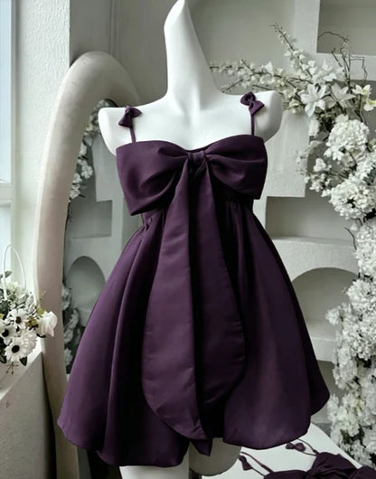 Sweet Pink Big Front Bow Satin Spaghetti Straps Mini A Line Homecoming Dress AS758