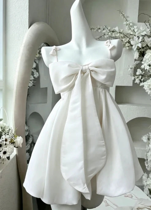 Sweet Pink Big Front Bow Satin Spaghetti Straps Mini A Line Homecoming Dress AS758