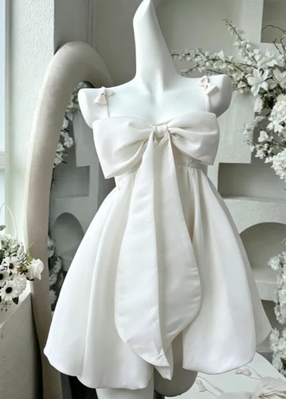 Sweet Pink Big Front Bow Satin Spaghetti Straps Mini A Line Homecoming Dress AS758