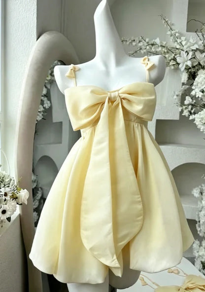Sweet Pink Big Front Bow Satin Spaghetti Straps Mini A Line Homecoming Dress AS758
