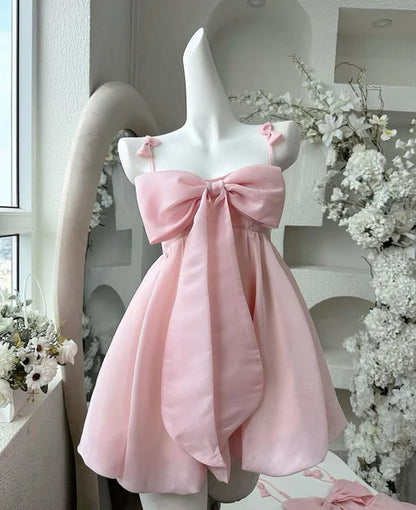 Sweet Pink Big Front Bow Satin Spaghetti Straps Mini A Line Homecoming Dress AS758