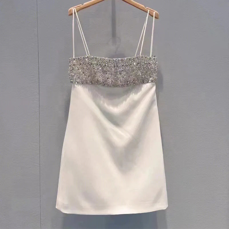 Glamorous Silver Beaded Spaghetti Straps White Satin A-Line Homecoming Mini Dress AS754